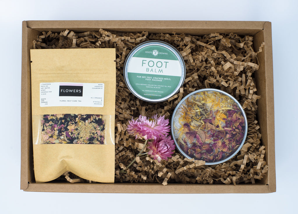Self Care "Of Flowers" Kit: with Bath Salts, Flower Tea, & Nourishing Foot Balm