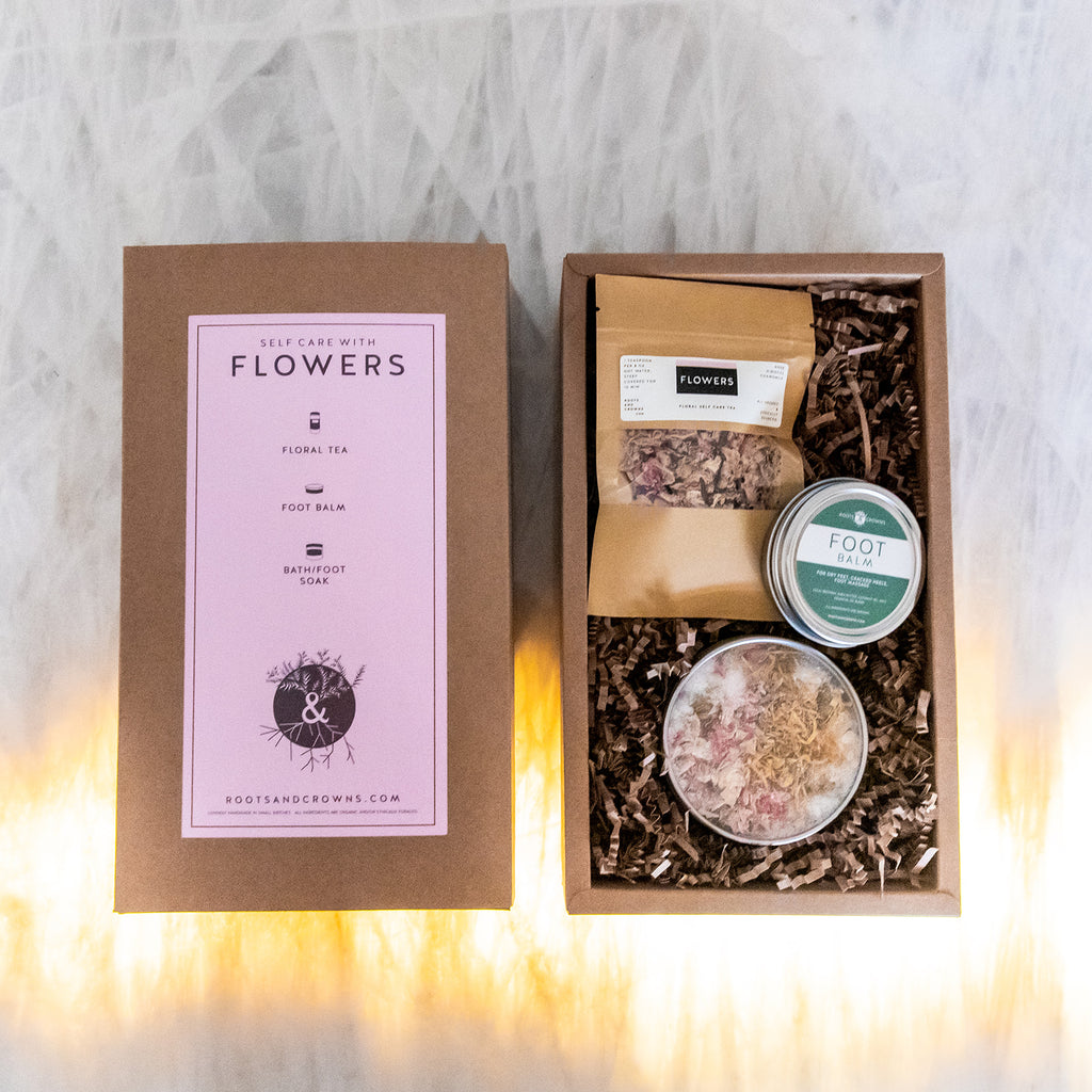 Self Care "Of Flowers" Kit: with Bath Salts, Flower Tea, & Nourishing Foot Balm